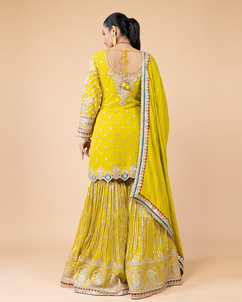 Lime Yellow Palazzo with Plum Top Draped with Dupatta