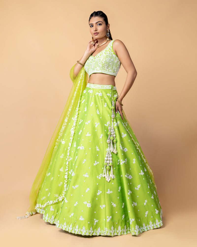 Lime Green Designer Embroidered Lehenga Choli with Net Dupatta