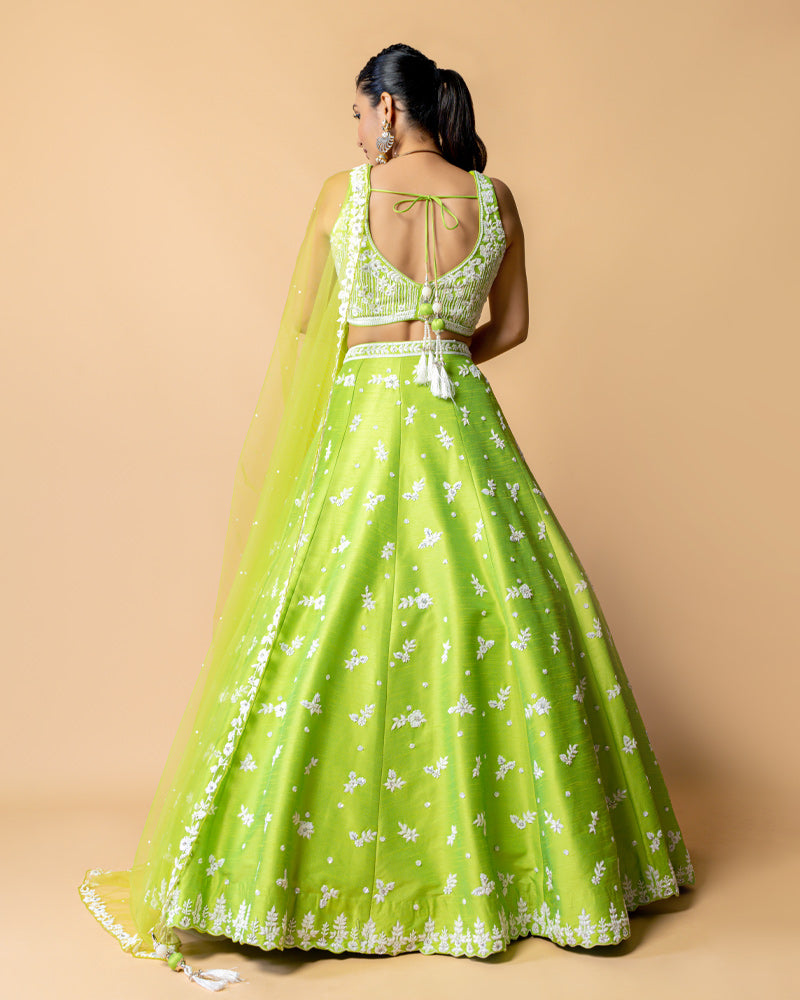 Lime Green Designer Embroidered Lehenga Choli with Net Dupatta