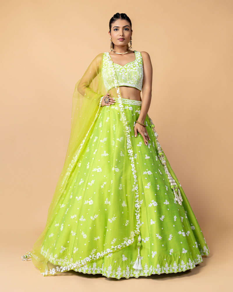 Lime Green Designer Embroidered Lehenga Choli with Net Dupatta