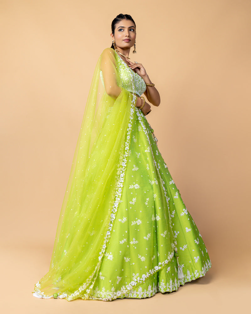 Lime Green Designer Embroidered Lehenga Choli with Net Dupatta