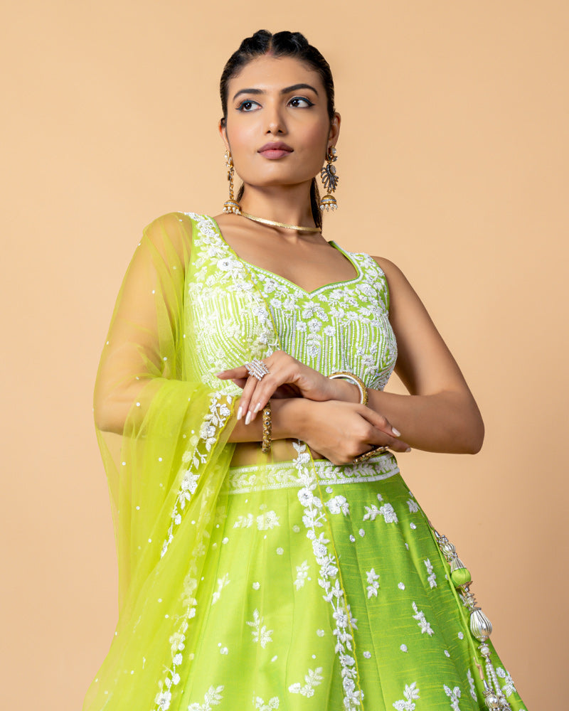 Lime Green Designer Embroidered Lehenga Choli with Net Dupatta