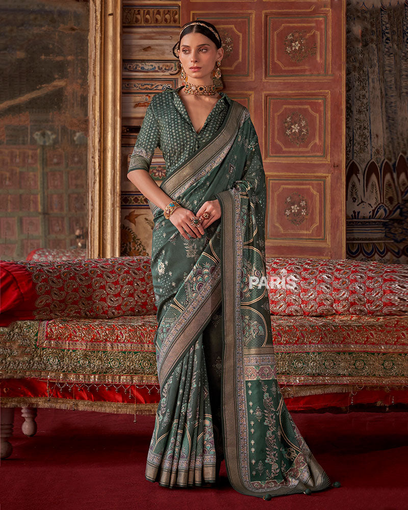 Lunar Green Printed Silk Saree with Unstitched Blouse 01