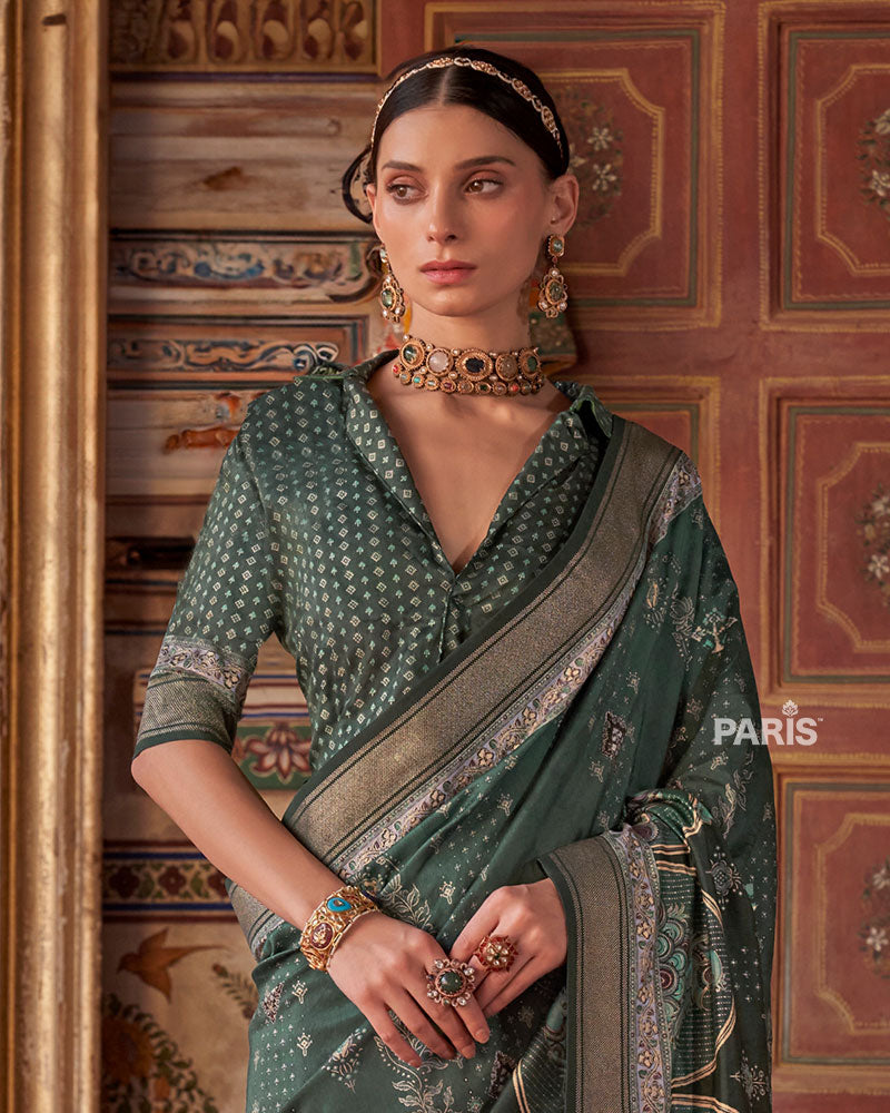 Lunar Green Printed Silk Saree with Unstitched Blouse 02