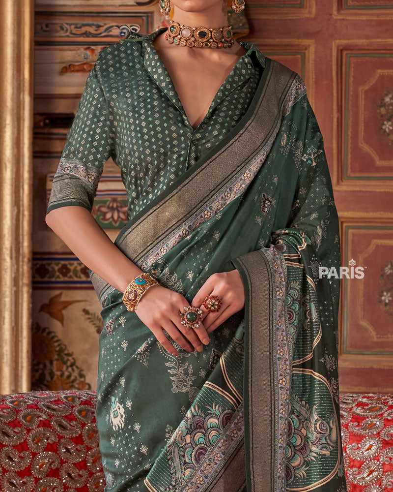 Lunar Green Printed Silk Saree with Unstitched Blouse 03