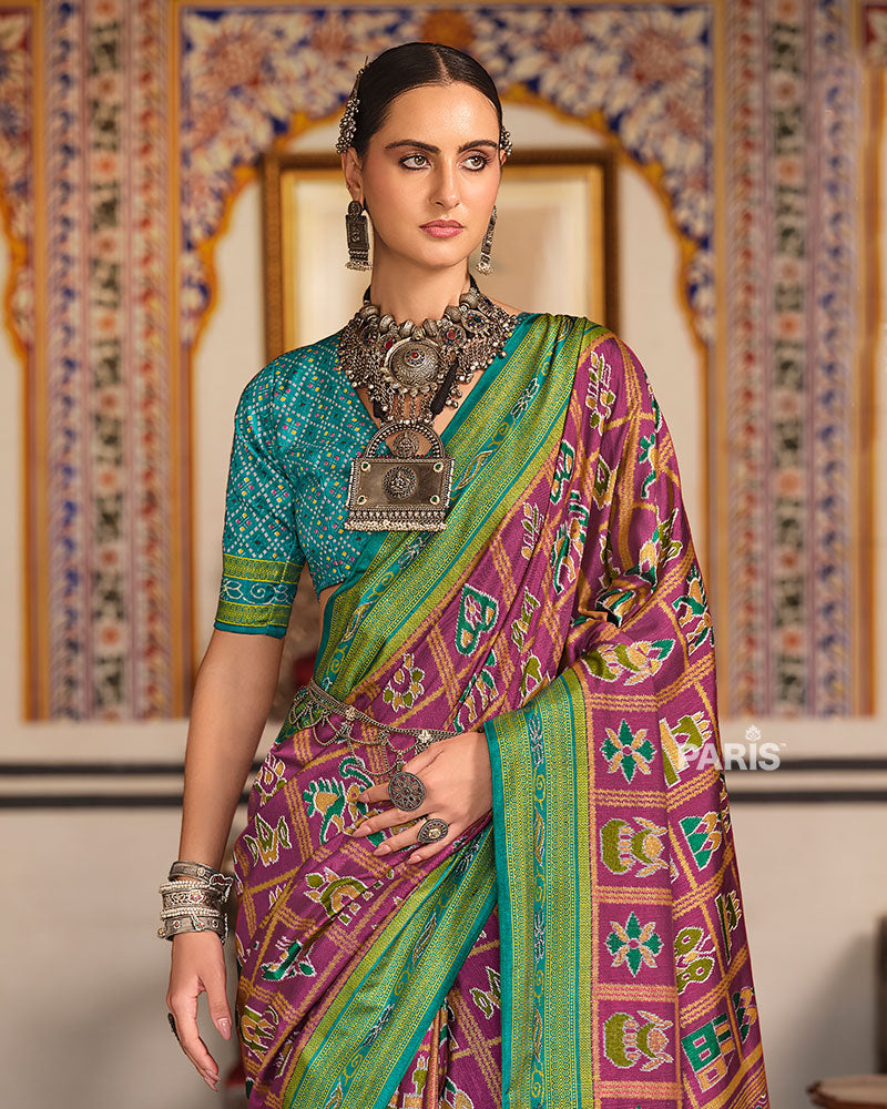 Magenta Printed Patola Silk Saree with Unstitched Blouse 02