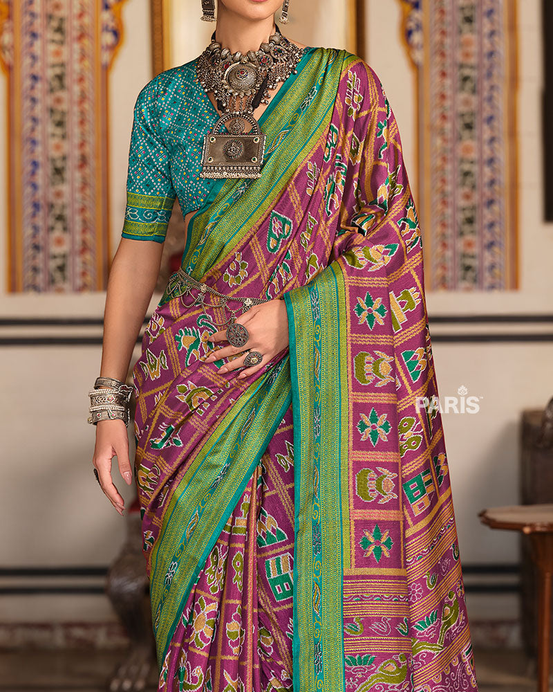 Magenta Printed Patola Silk Saree with Unstitched Blouse 03
