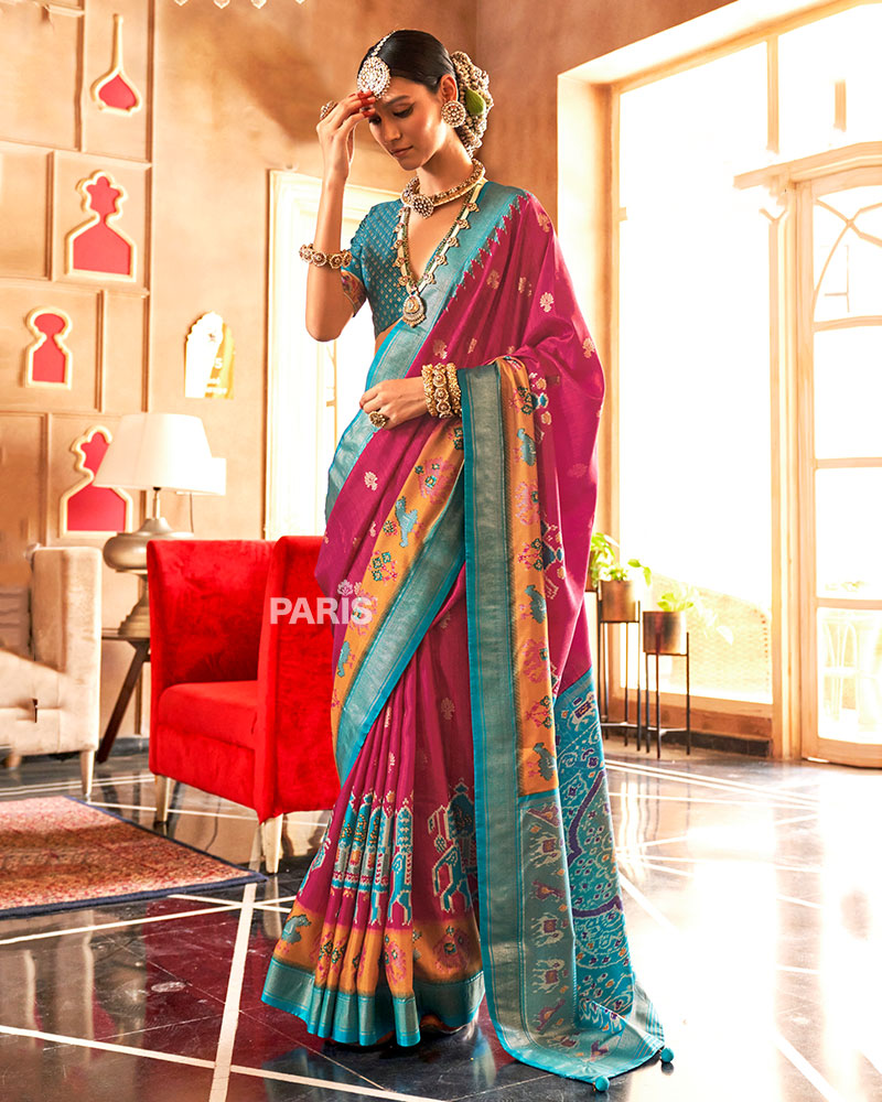 Magenta and Teal Ikat Woven Border Silk Saree with Unstitched Blouse 01