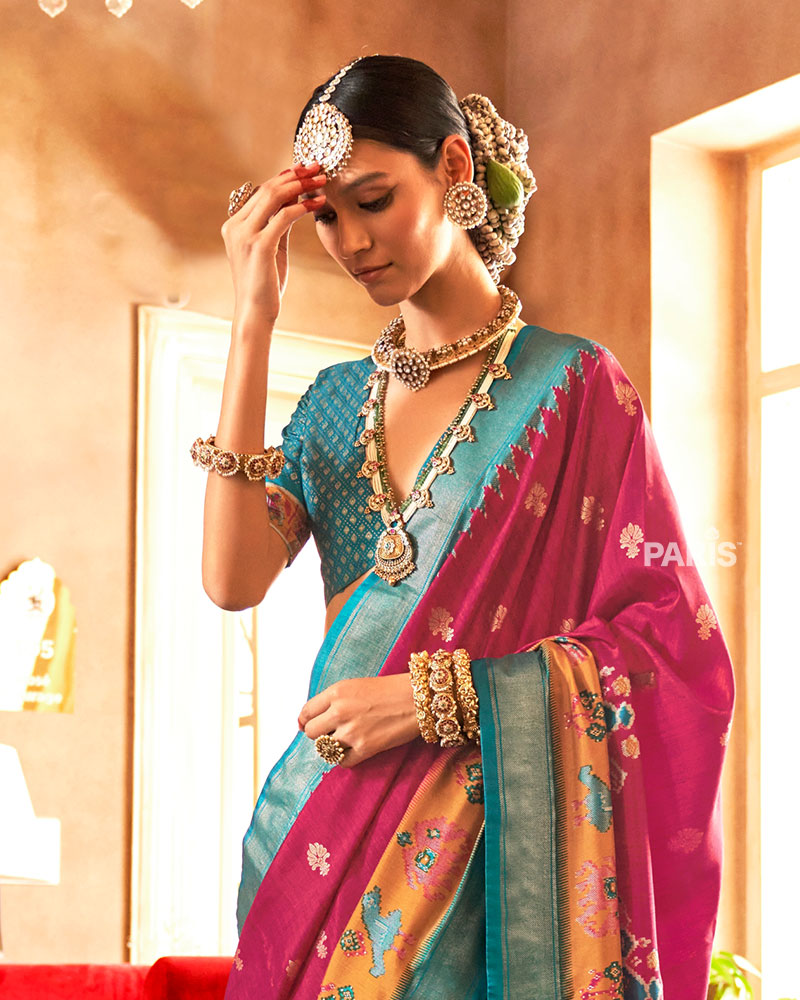 Magenta and Teal Ikat Woven Border Silk Saree with Unstitched Blouse 02