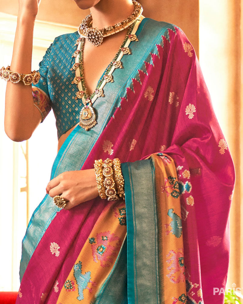Magenta and Teal Ikat Woven Border Silk Saree with Unstitched Blouse 03