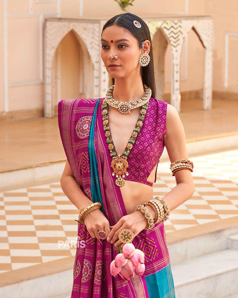 Magenta and Turquoise Printed Patola Silk Saree with Unstitched Blouse 02