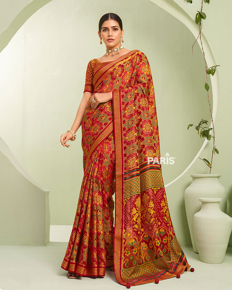 Maroon-Red Floral Pattern Georgette Saree with Unstitched Blouse  01