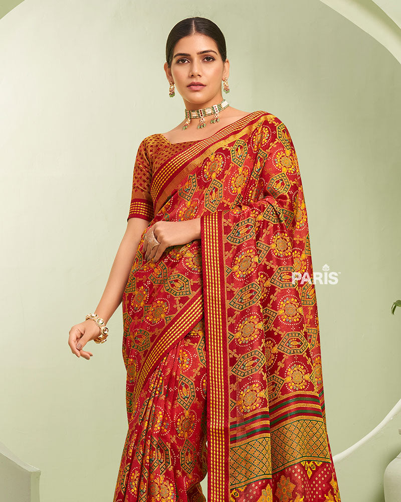 Maroon-Red Floral Pattern Georgette Saree with Unstitched Blouse  02