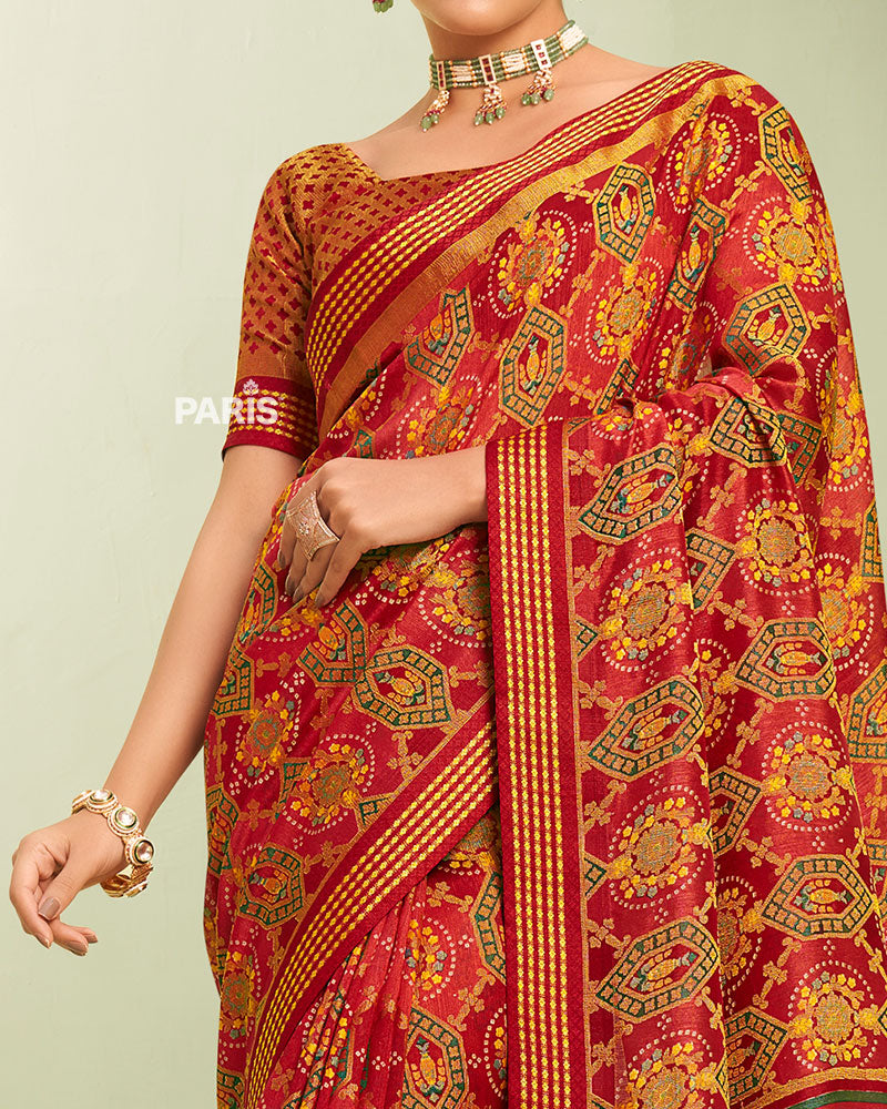 Maroon-Red Floral Pattern Georgette Saree with Unstitched Blouse  03