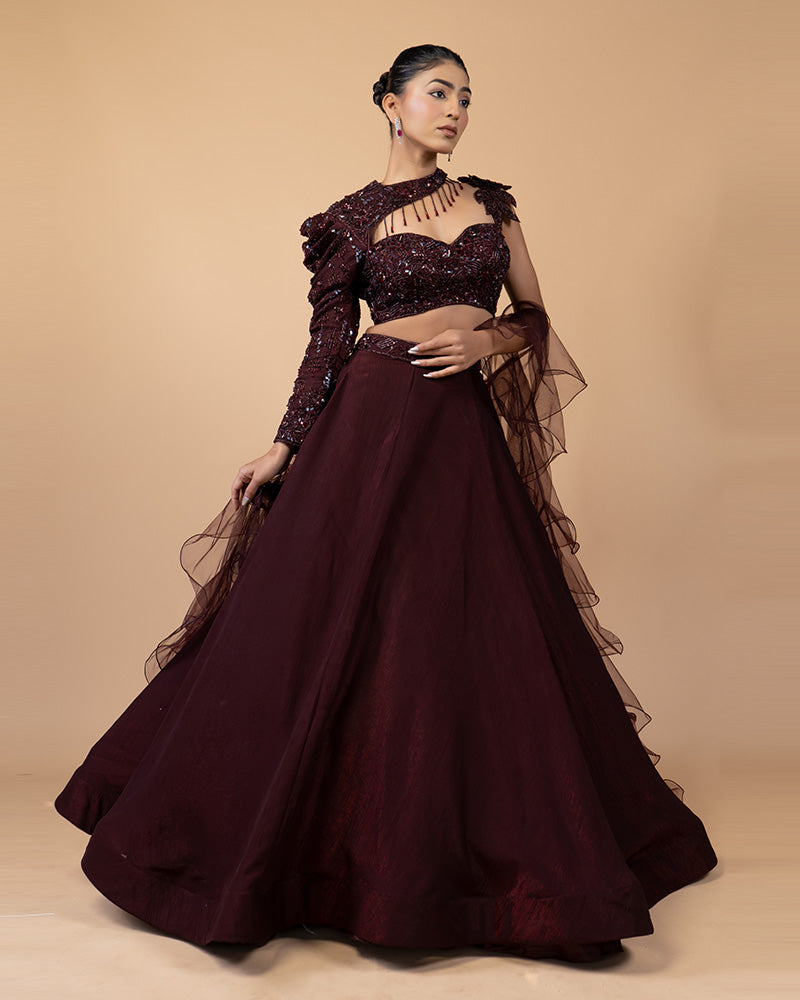 Maroon Lehenga with One Side Sleeve and Ruffled Dupatta