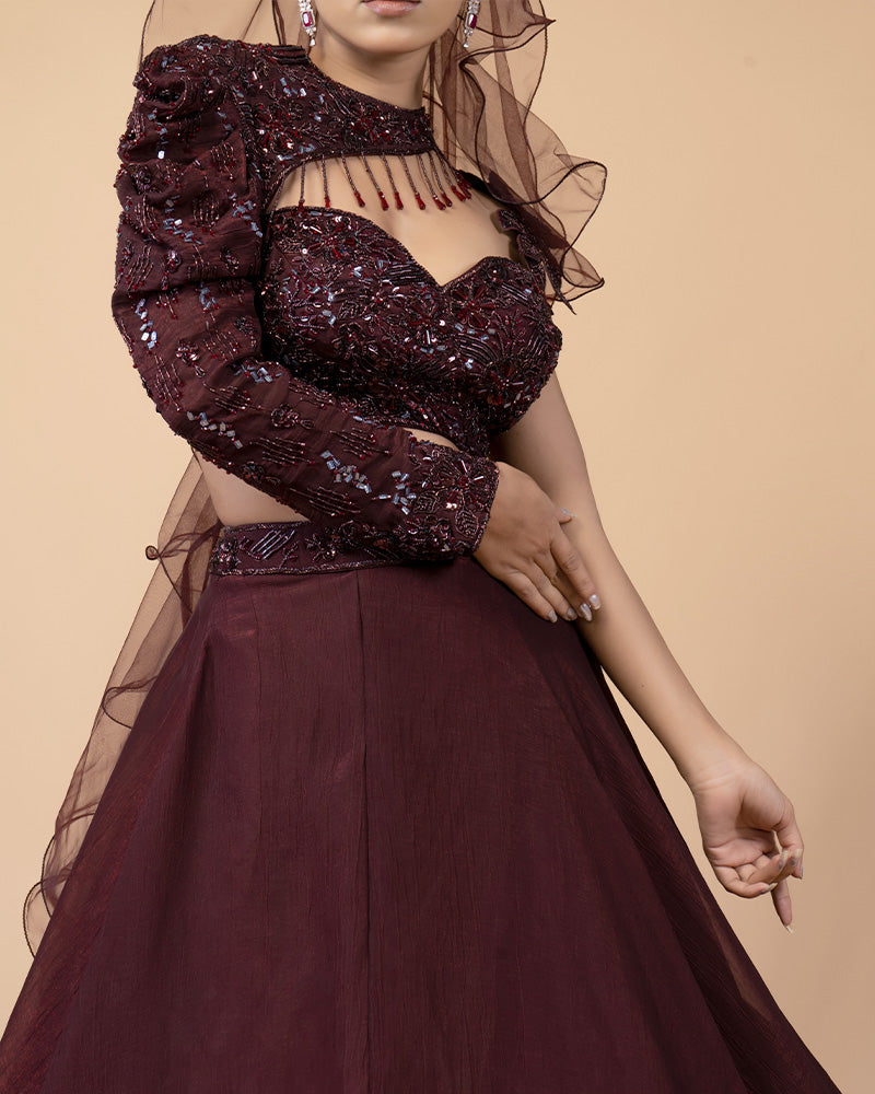 Maroon Lehenga with One Side Sleeve and Ruffled Dupatta