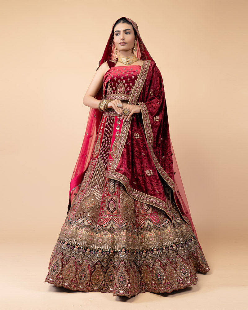 Maroon Semi-Stitched Bridal Lehenga Embellished with Hand Work and Net Dupatta