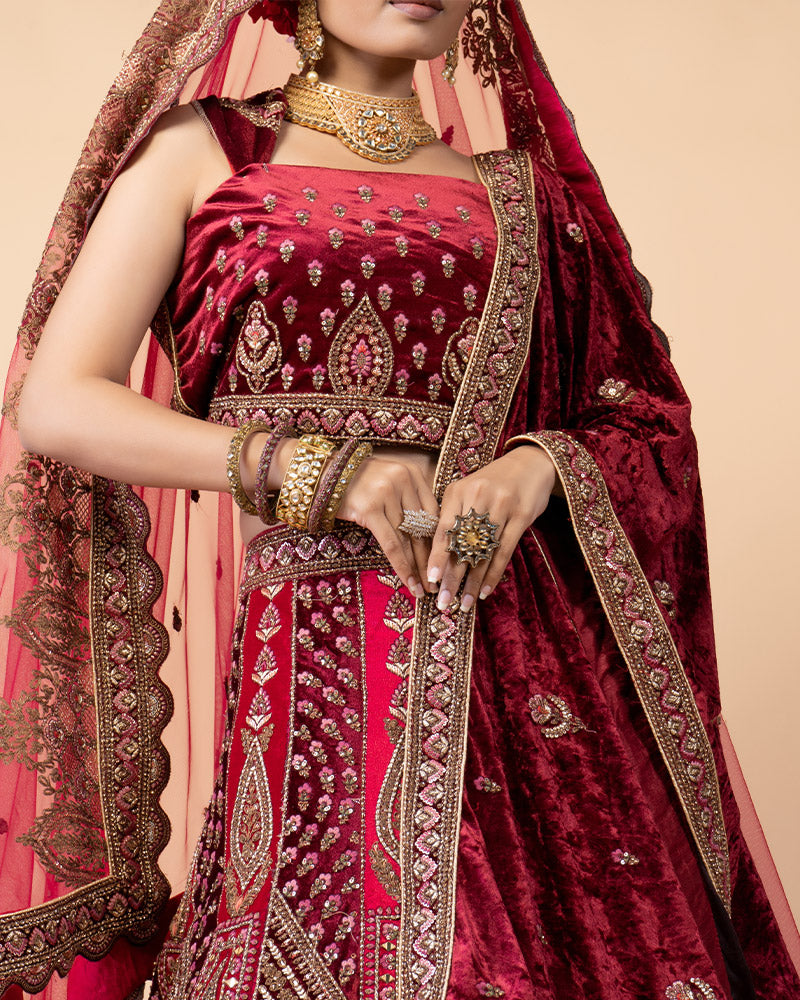 Maroon Semi-Stitched Bridal Lehenga Embellished with Hand Work and Net Dupatta