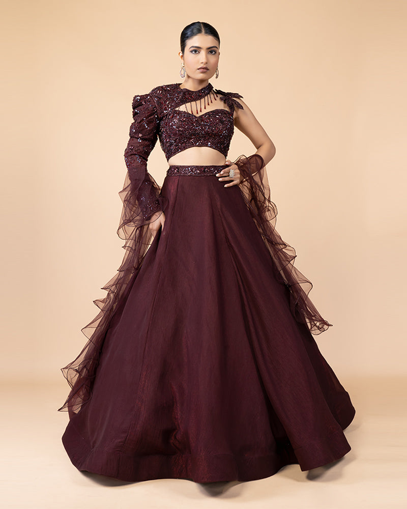 Maroon Lehenga with One Side Sleeve and Ruffled Dupatta