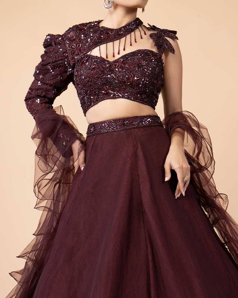 Maroon Lehenga with One Side Sleeve and Ruffled Dupatta