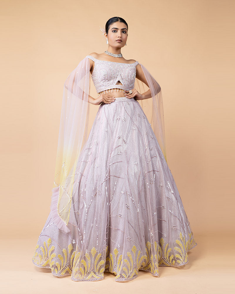 Mauve Lehenga Choli Embellished with Hand Work and Net Sleeves with Heavy Work Blouse