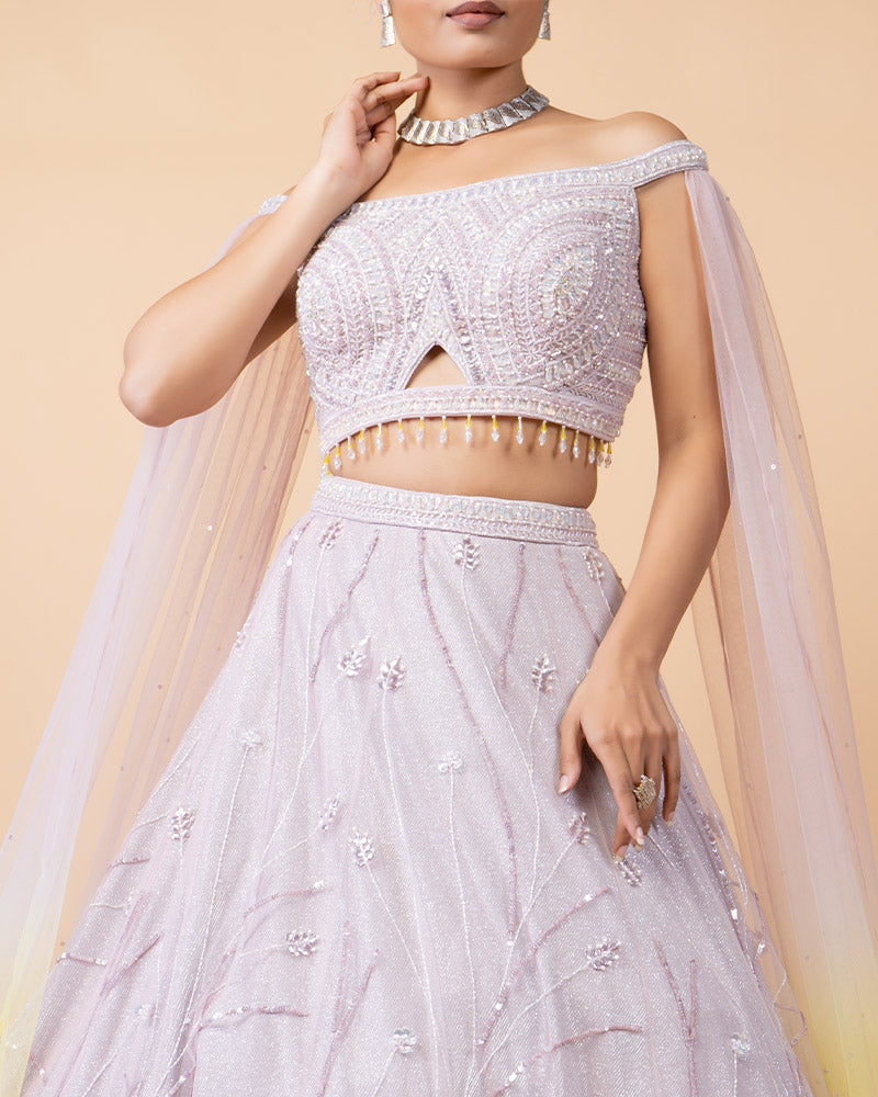 Mauve Lehenga Choli Embellished with Hand Work and Net Sleeves with Heavy Work Blouse