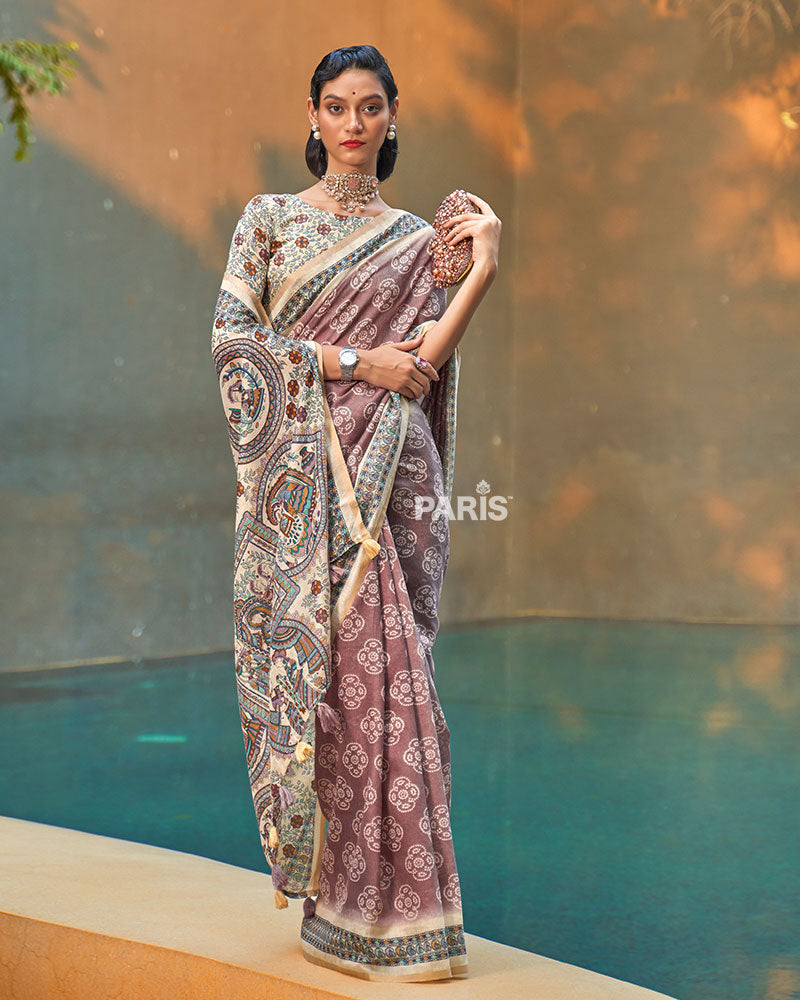 Mauve Floral Printed Cotton Saree with Unstitched Blouse 01