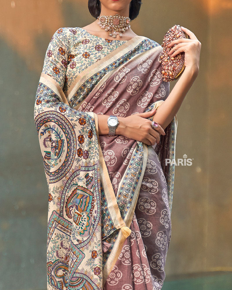 Mauve Floral Printed Cotton Saree with Unstitched Blouse 03