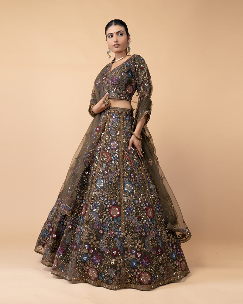 Mehendi Lehenga Choli Embellished with Flower Pattern Sequence Work with Net Dupatta