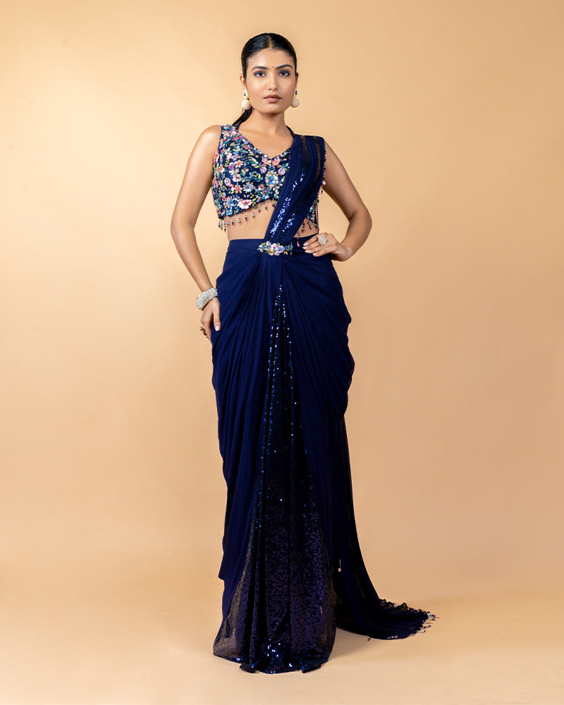 Mid Night Blue Ready-to-Wear Saree with Sequins work blouse