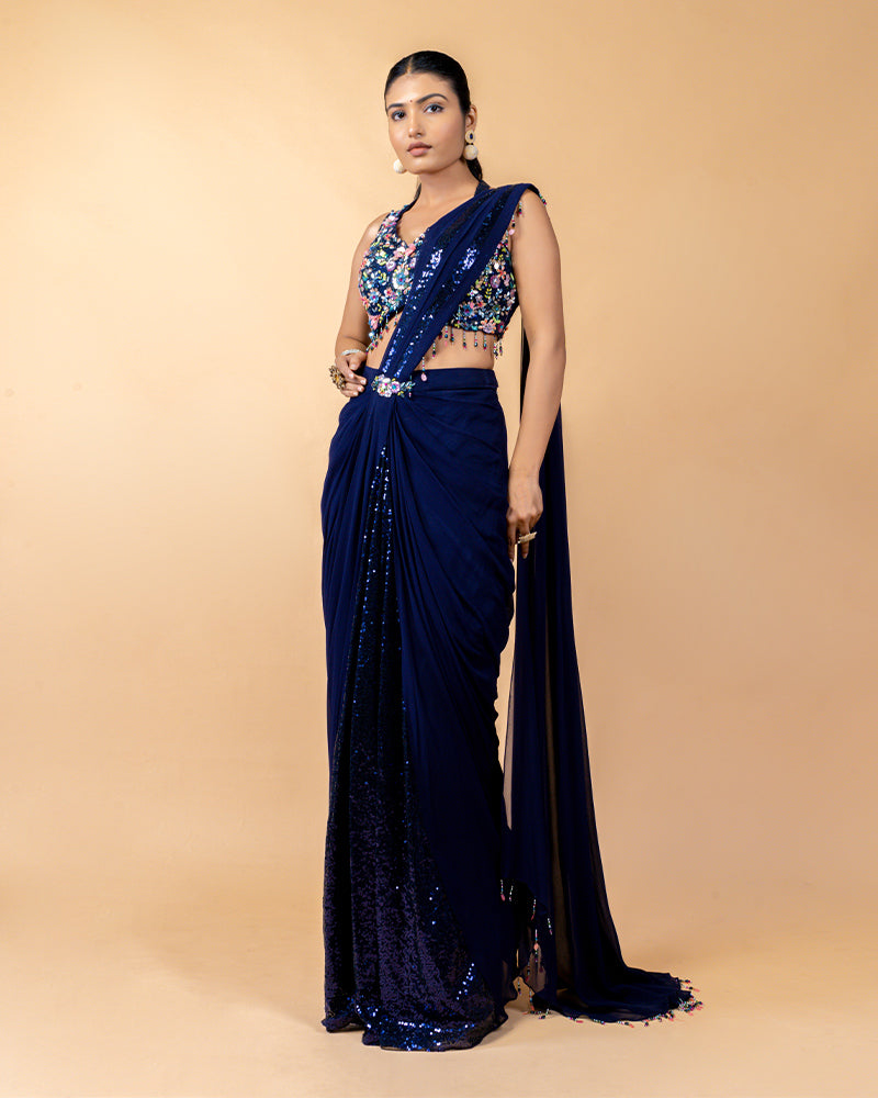 Mid Night Blue Ready-to-Wear Saree with Sequins work blouse