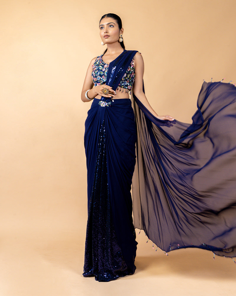 Mid Night Blue Ready-to-Wear Saree with Sequins work blouse