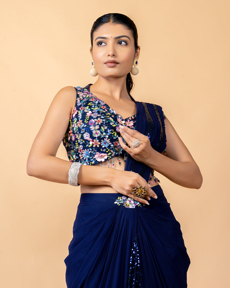 Mid Night Blue Ready-to-Wear Saree with Sequins work blouse