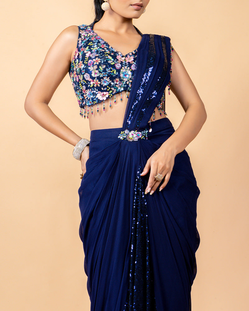 Mid Night Blue Ready-to-Wear Saree with Sequins work blouse