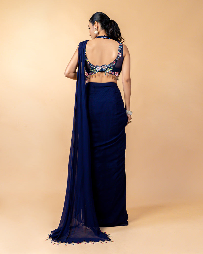 Mid Night Blue Ready-to-Wear Saree with Sequins work blouse