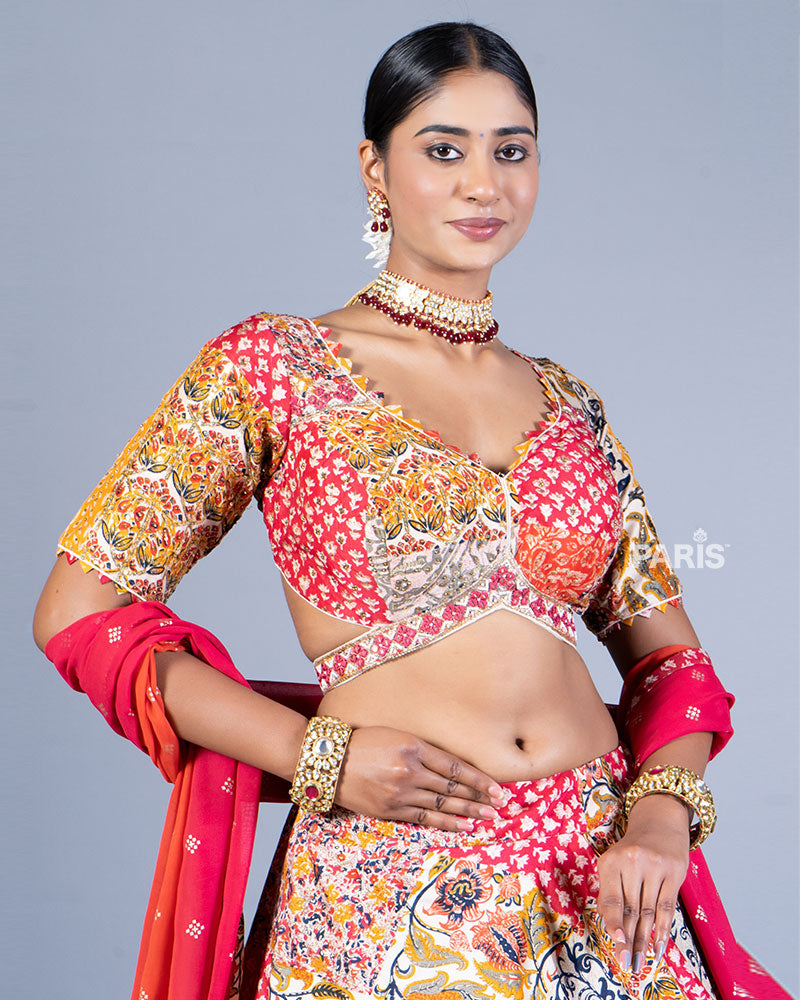 Multicolor Patchwork Lehenga Choli with Ombre Red Dupatta 02