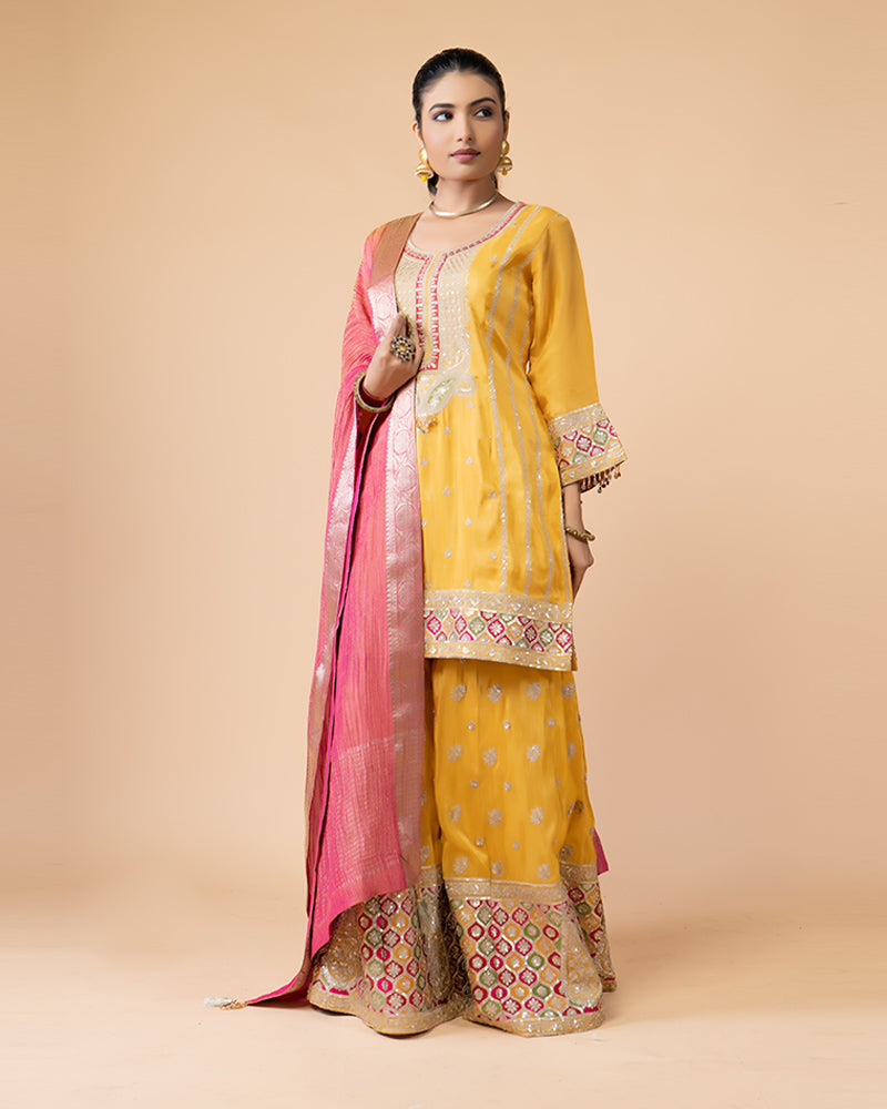 Mustard Yellow Heavy Border Palazzo Set and Pink Dupatta