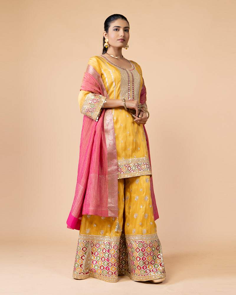 Mustard Yellow Heavy Border Palazzo Set and Pink Dupatta