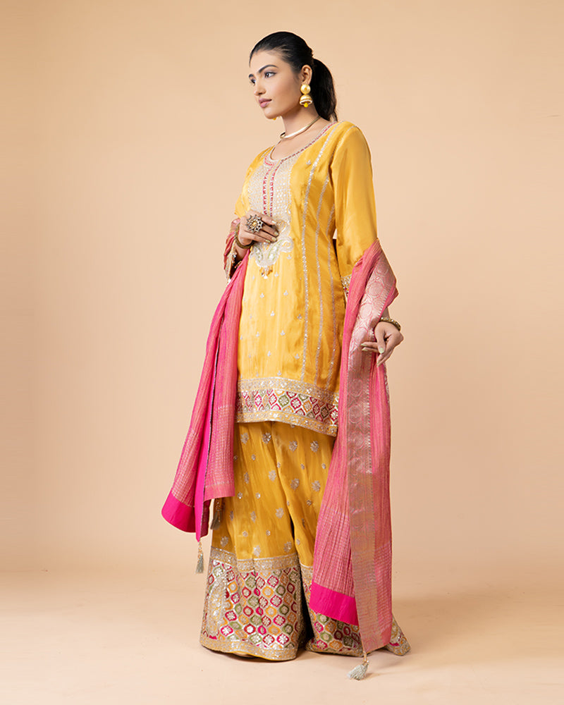 Mustard Yellow Heavy Border Palazzo Set and Pink Dupatta