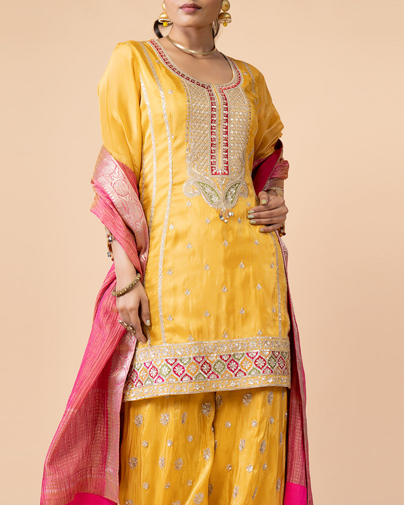 Mustard Yellow Heavy Border Palazzo Set and Pink Dupatta