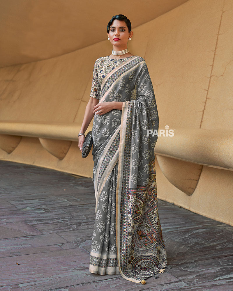 Muted Grey Floral Printed Cotton Saree with Unstitched Blouse 01
