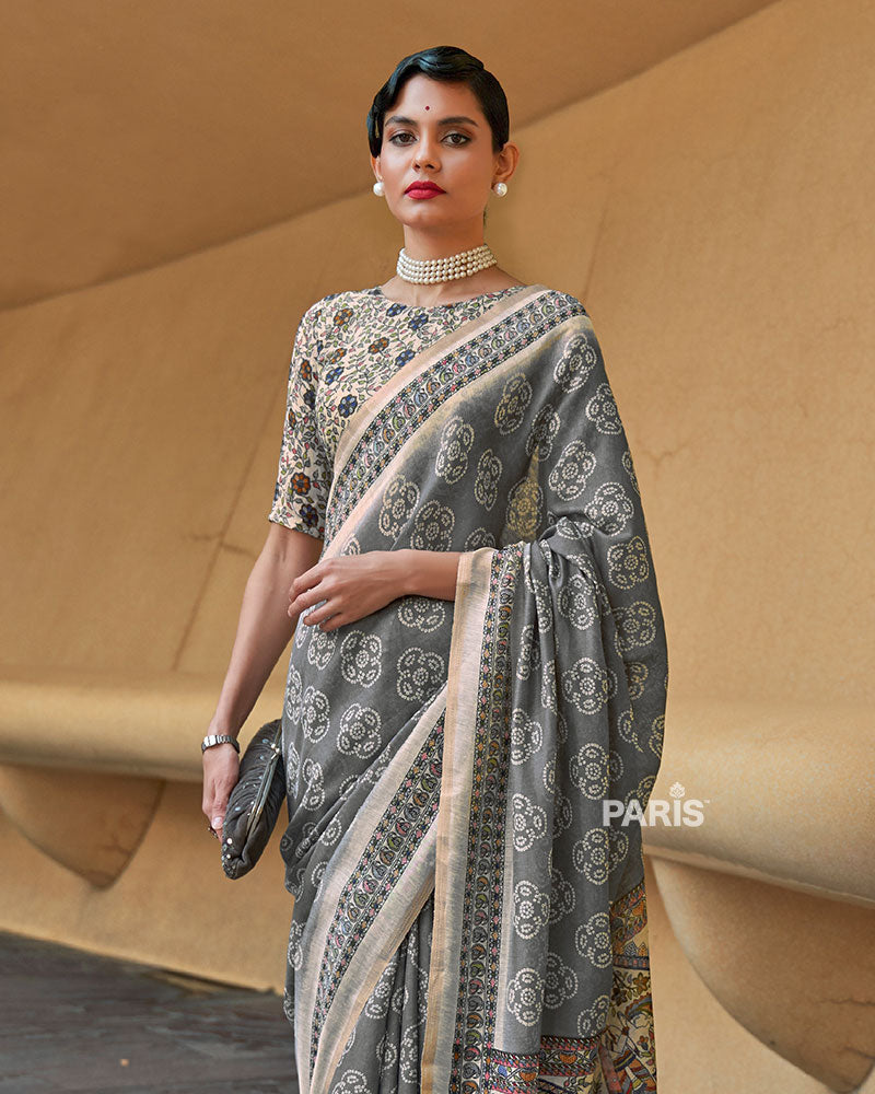 Muted Grey Floral Printed Cotton Saree with Unstitched Blouse 02