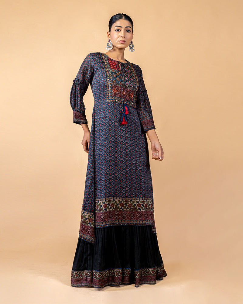 Navy Blue Ajrakh Print Kurta with Palazzo