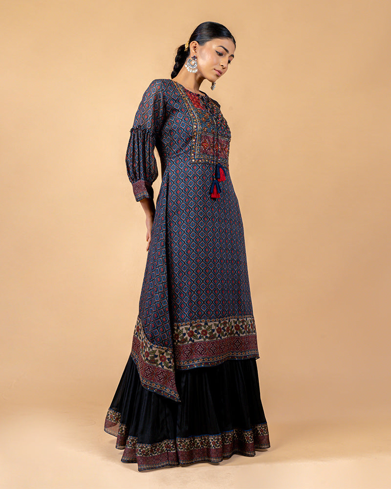 Navy Blue Ajrakh Print Kurta with Palazzo