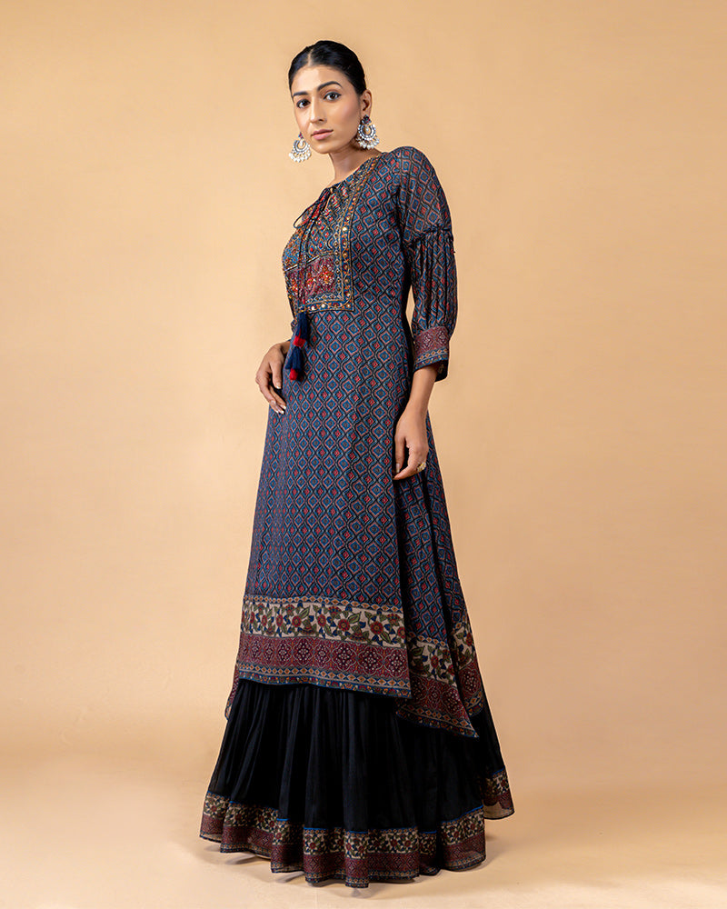 Navy Blue Ajrakh Print Kurta with Palazzo