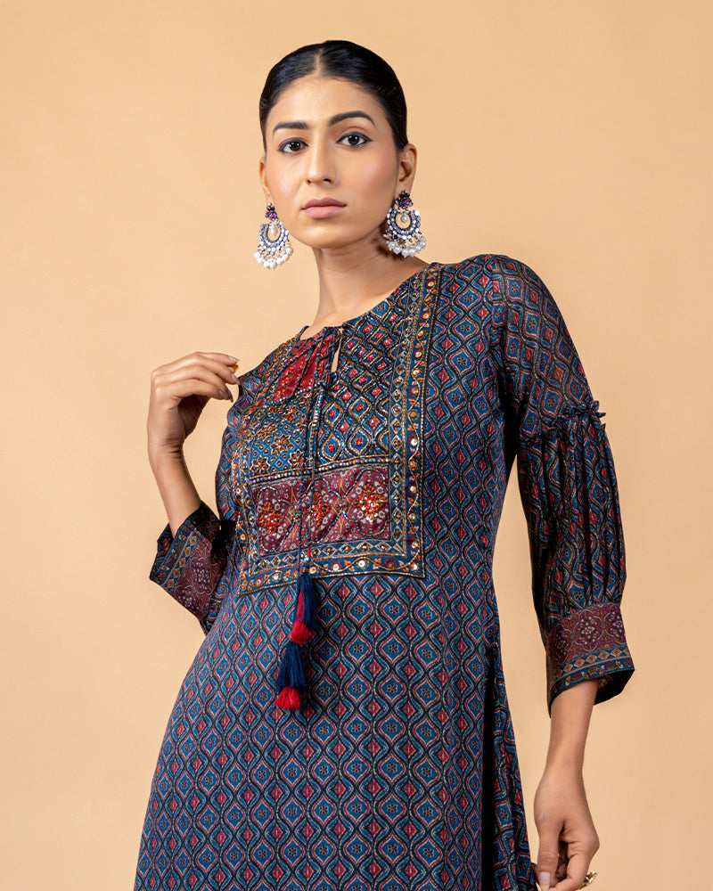 Navy Blue Ajrakh Print Kurta with Palazzo