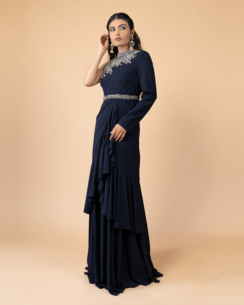 Navy Blue Gown with One Off-Shoulder Sleeve and Draped Hem