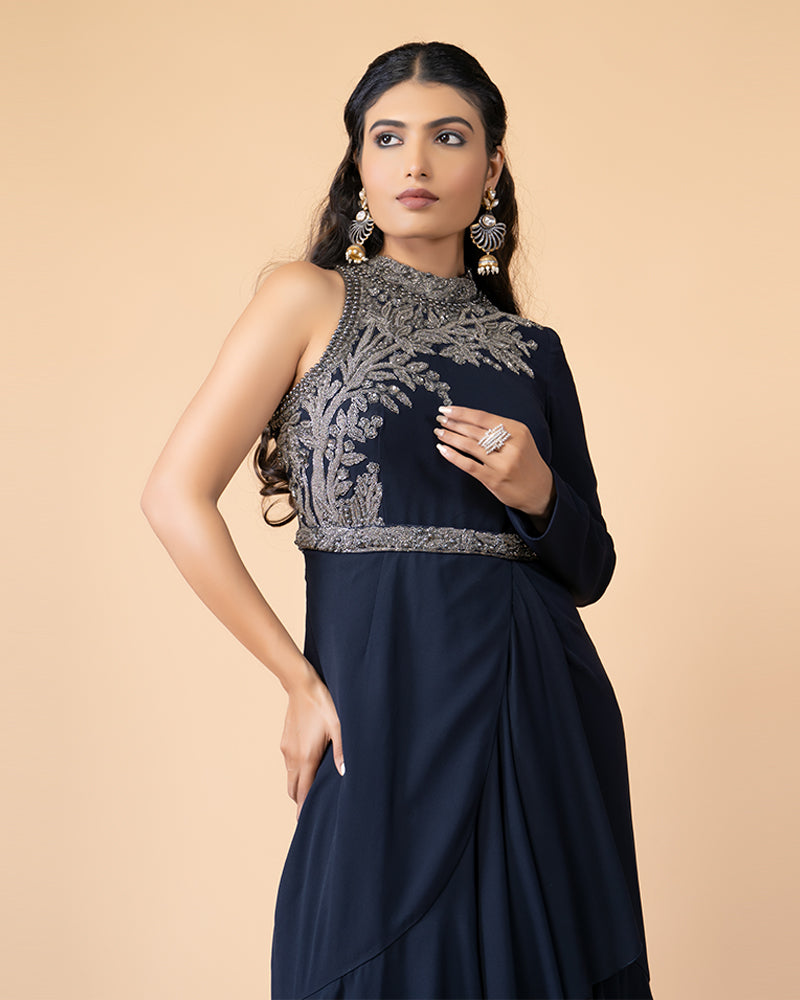 Navy Blue Gown with One Off-Shoulder Sleeve and Draped Hem