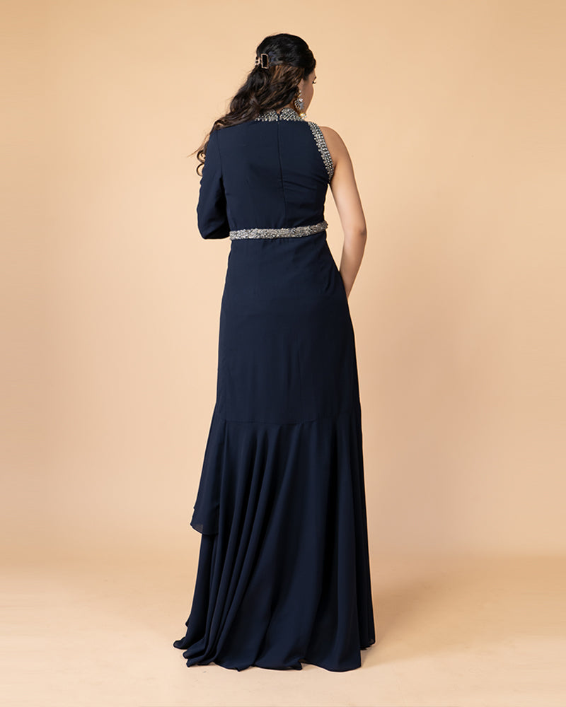 Navy Blue Gown with One Off-Shoulder Sleeve and Draped Hem