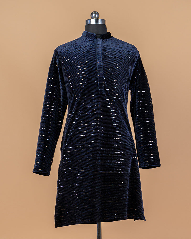 Navy Blue Men's Mirror Embroidered Kurta Pajama